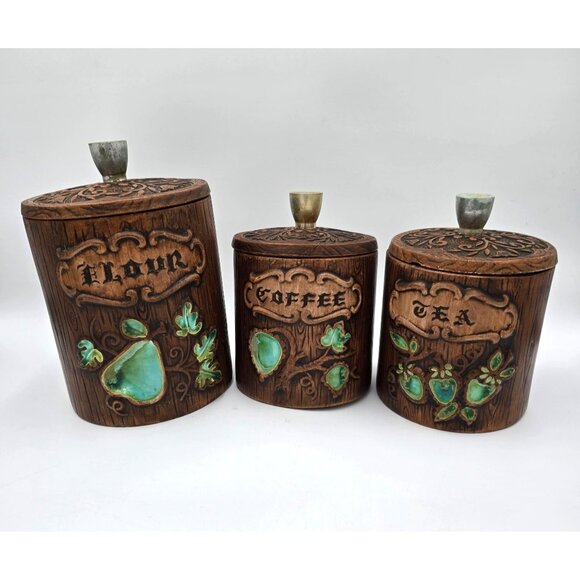 Treasure Craft Other - Vintage Treasure Craft US Canister Set - Flour Coffee Tea - Wood Look Ceramic wi
